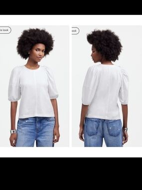 A7 Madewell White Puff-Sleeve Crewneck Top